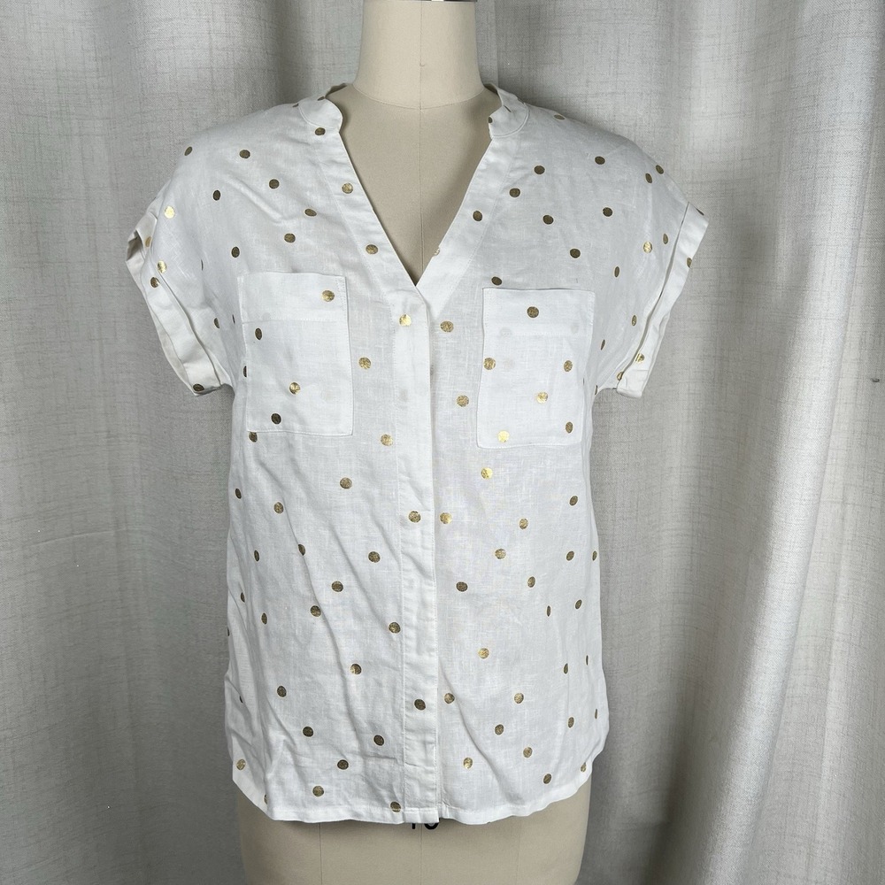 Boden 100% Linen Blouse White Gold Polk Dots Cap Sleeve Button Up Women's 6